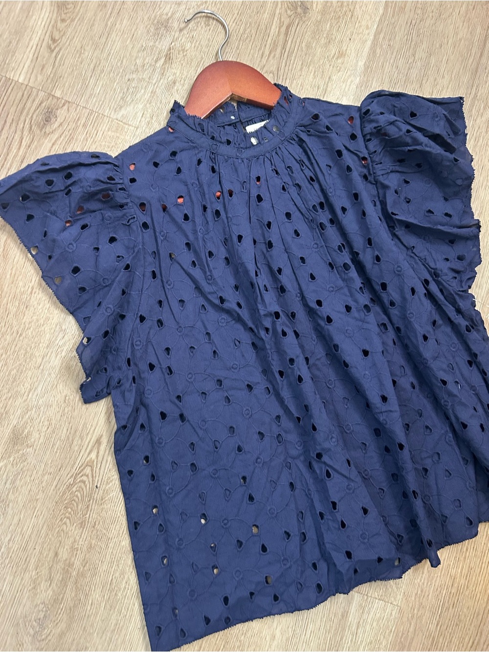 NWT Trovata 100% Cotton Carla High Neck Navy Blue Eyelet Short Sleeve Blouse